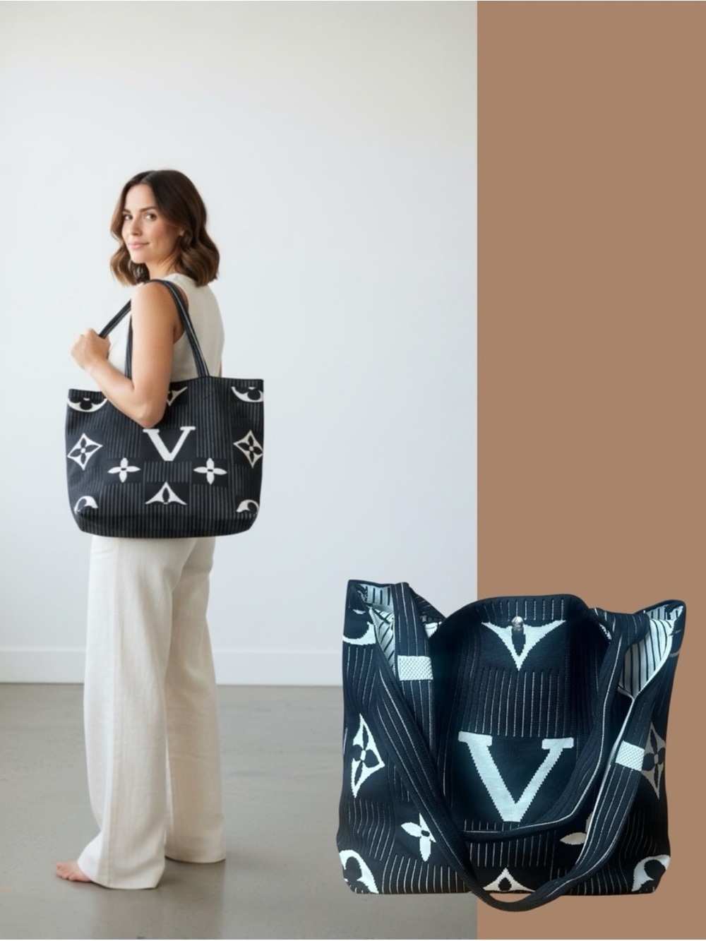NWT Black White Textured Knit Oversized Tote Carryall Shoulder Bag
